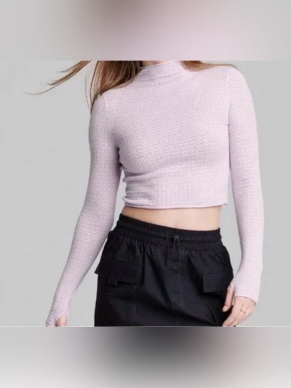 Wild Fable Lavender Pointelle Mock Neck Long Sleeve Crop Top Thumbholes in Large